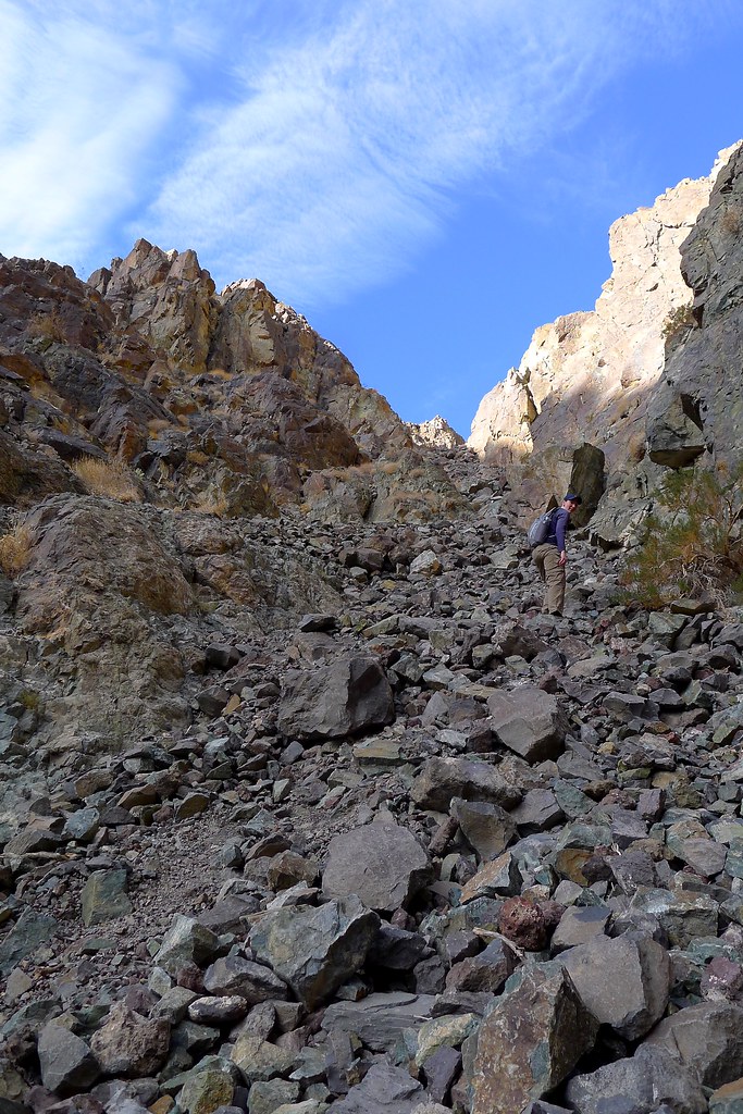 Wired climbing the loose talus