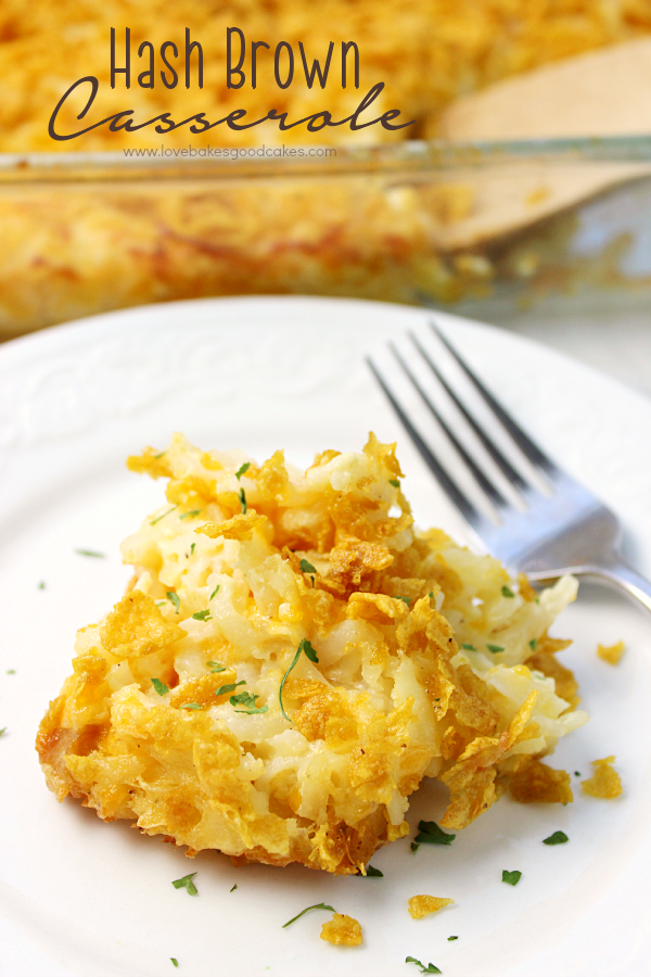 Hash Brown Casserole on a plate with a fork.