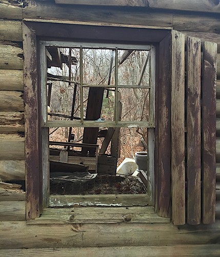 abandoned window bed cabin bath view decay rustic logs shutter collapsed