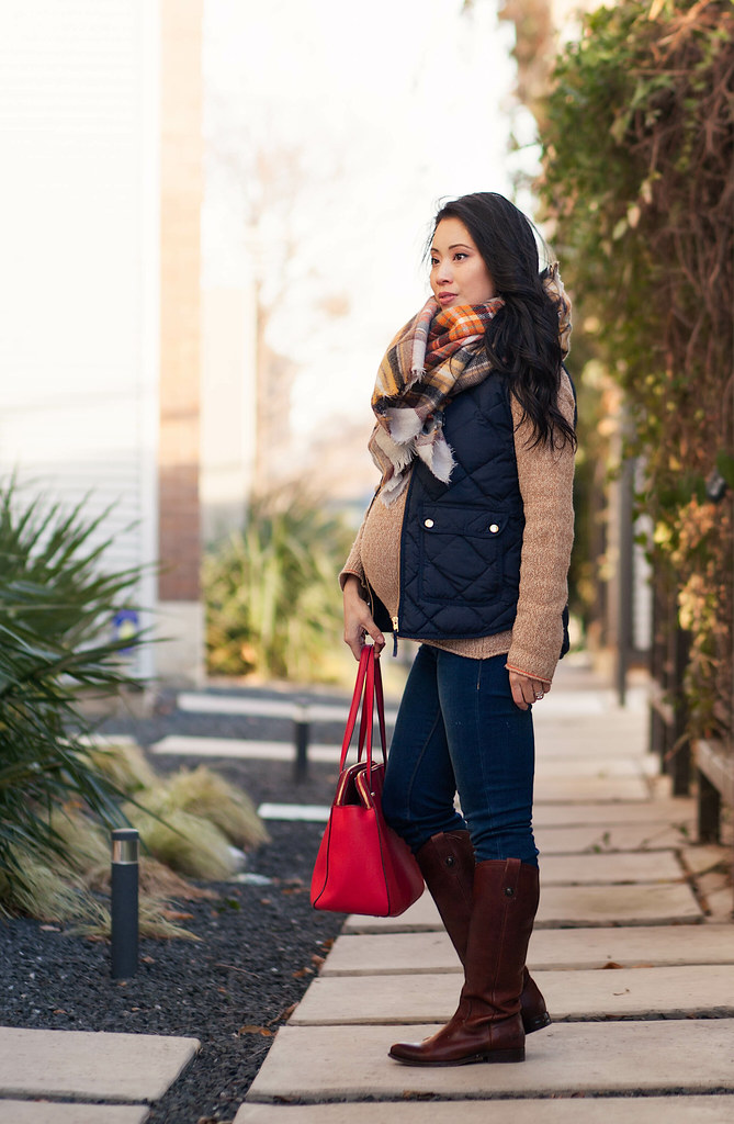 cute & little blog | petite fashion maternity | zara plaid blanket scarf, j. crew quilted navy puffer excursion vest, frye riding boots, kate spade red tote | fall winter outfit