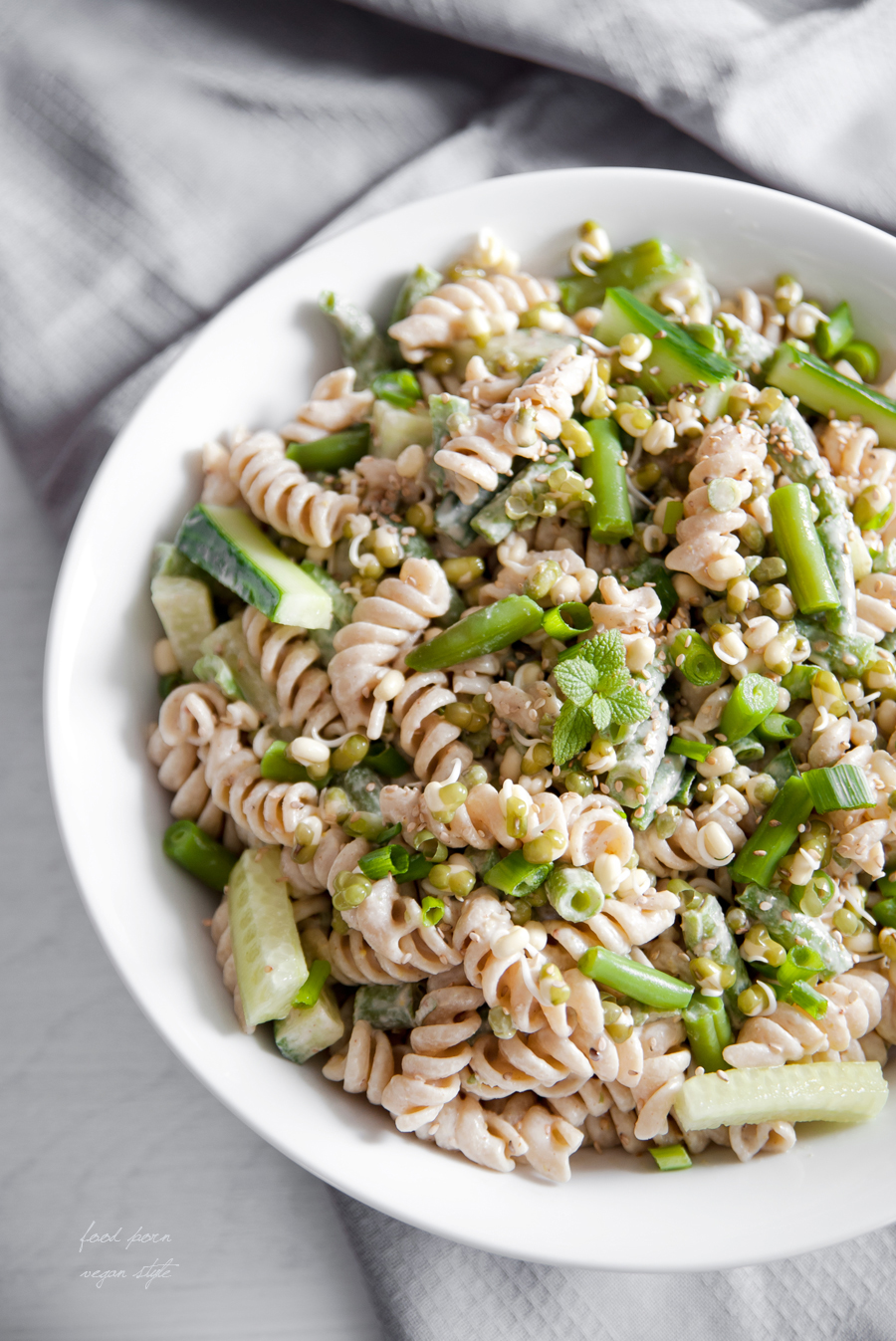 Pasta salad with green beans and tahini dressing