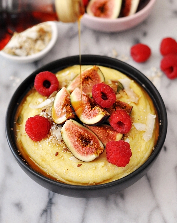 Coconut Polenta Porridge with Figs, Raspberries & Maple Syrup {Vegan & Gluten Free Breakfast Recipe}