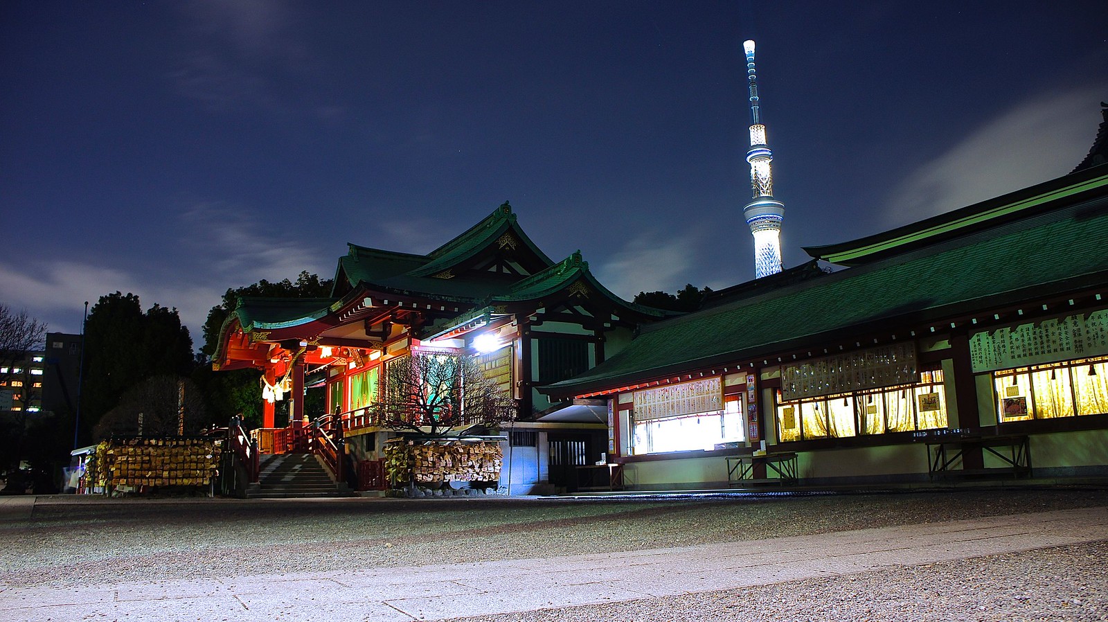 Kameido Tenjin Shrine at the night time with the Tokyo Skytree illumination