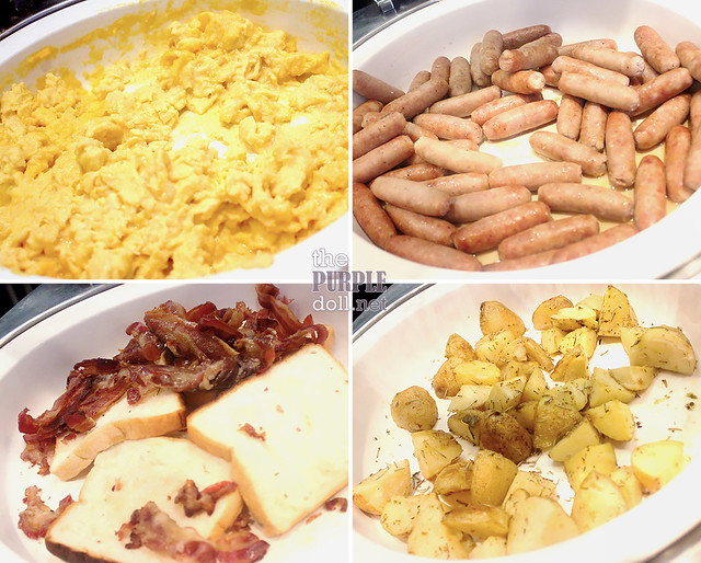 F1 Hotel Breakfast scrambled egg, sausages, bacon, potatoes