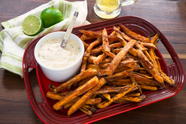 sweet potato fries with aioli and beer