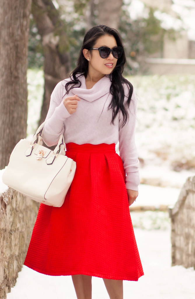 cute & little blog | petite fashion | pink cowl sweater, sheinside red paid midi, white pumps, white bag | winter outfit