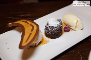Dark chocolate and peanut butter fondant with salted caramel and banana ice creams