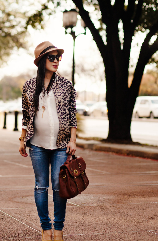 cute & little blog | petite fashion | maternity bumpstyle third trimester 33 weeks | leopard blazer, white button down shirt, ag distressed skinny jeans maternity, nordstrom trilby felt hat | fall outfit layering