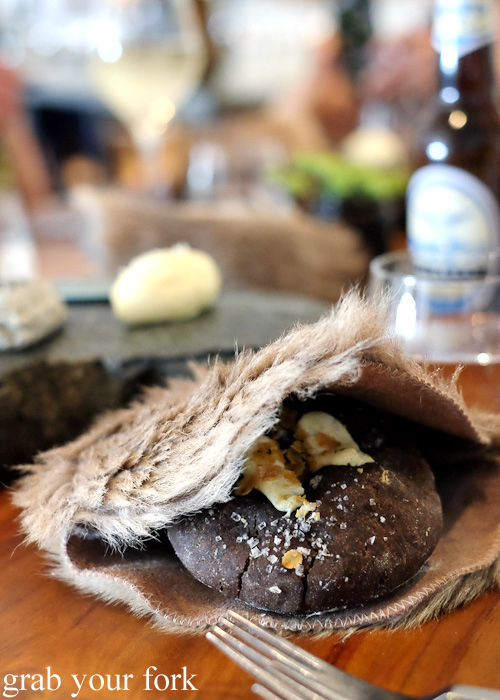 Rye bread in a kangaroo skin at Biota Dining, Bowral