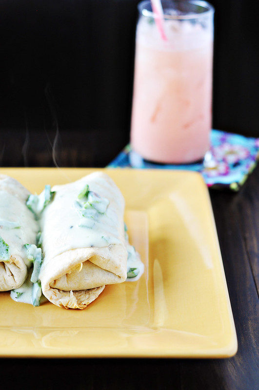 Beef and Bean Baked Burritos with Sour Cream-Poblano Sauce