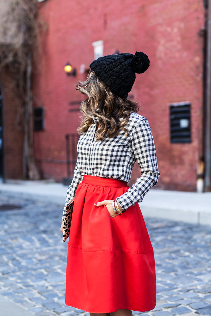 Express red skirt plain shirt Banana republic clare vivier leopard clutch piperlime kurt geiger Sharkie heels lord and taylor what to wear during the holiday season fashion blogger full red skirt Nordstrom sunglasses