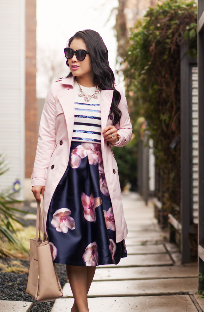cute & little blog | petite fashion | pink trench, navy sequin stripes sweater, navy pink floral midi skirt, fuchsia pink pumps | spring outfit