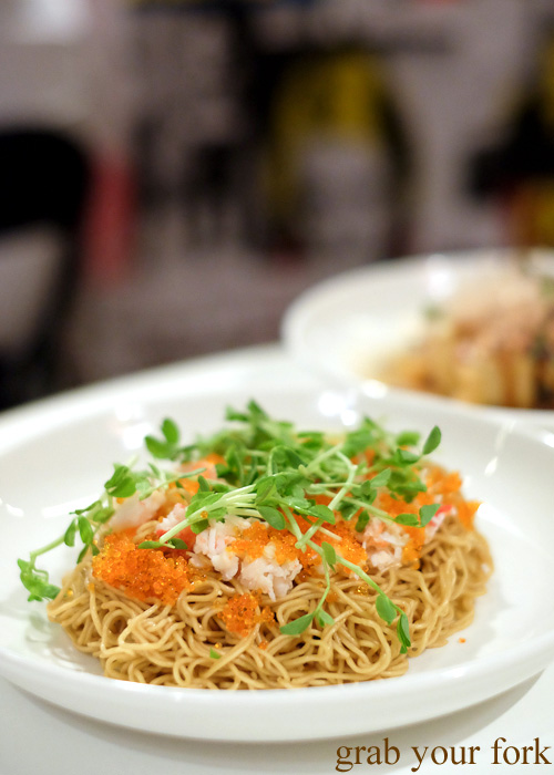 Lo mein noodles with snow crab, tobiko and shellfish oil at Work in Progress by Patrick Friesen for March into Merivale 2015