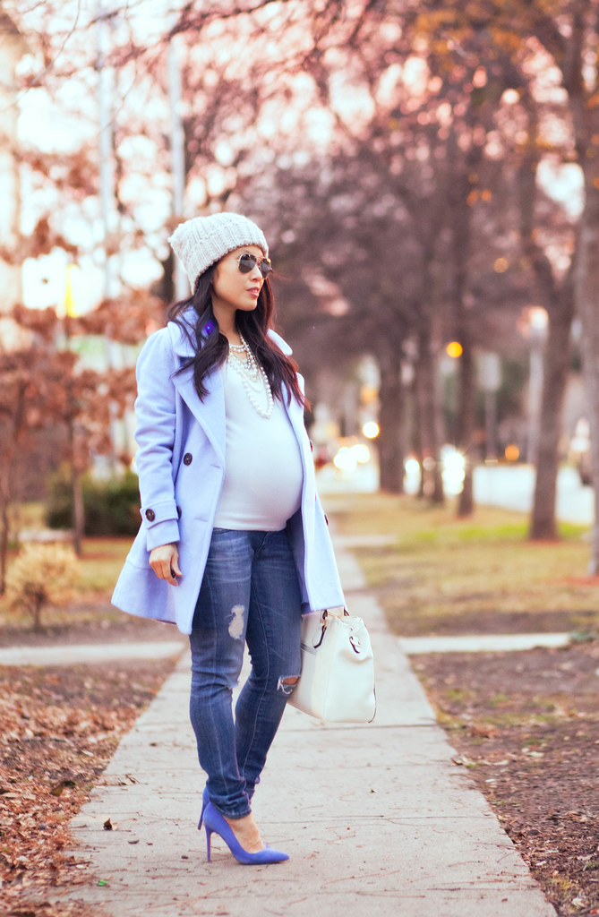 cute & little blog | petite fashion #maternity #bumpstyle | oasap pastel blue wool coat, multistrand pearl necklace, ag distressed jeans, blue suede pumps, grey pom beanie | fall winter outfit