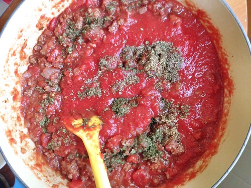 adding herbs to homemade spaghetti sauce