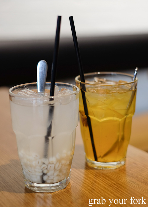 Barley ping and calamansi lime and sour plum drinks at Hawker Malaysian, Sydney