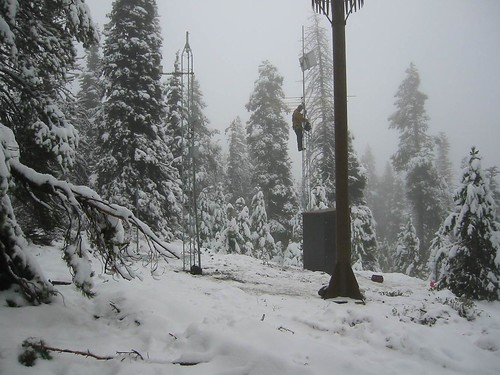 A man on a tower in a snow covered forest