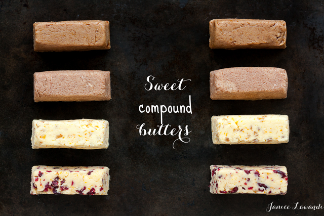 Stiicks of sweet compound butters, flavoured with cinnamon sugar, orange, honey, and cranberry.