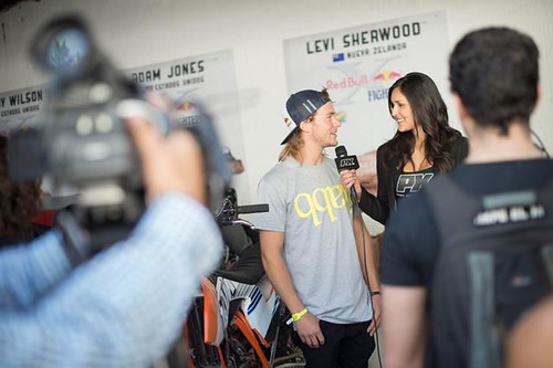Levi Sherwood of New Zealand giving interviews at the first stop of the Red Bull X-Fighters World Tour at the stadium Plaza Monumental de Toros in Mexico City, Mexico on March 5, 2015.