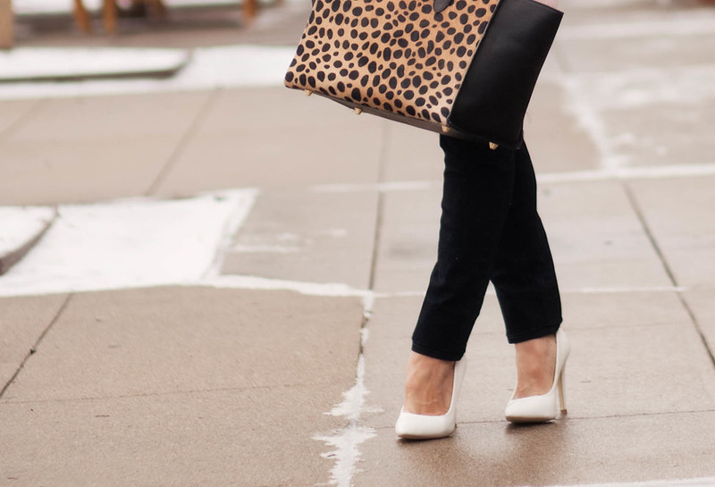cute & little blog | petite fashion | pink wool coat, black white striped turtleneck, clare v leopard sandrine satchel, white pumps | winter outfit