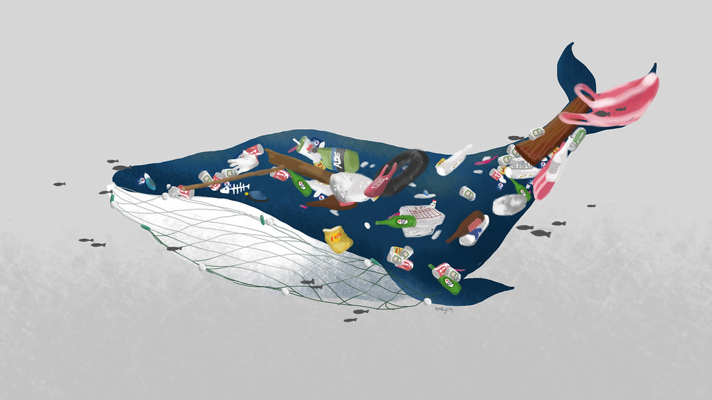 海洋裡充滿垃圾，海中巨人鯨魚的的身體裡也滿是令人心驚膽跳的垃圾；繪圖：Anayim / 小酸羊