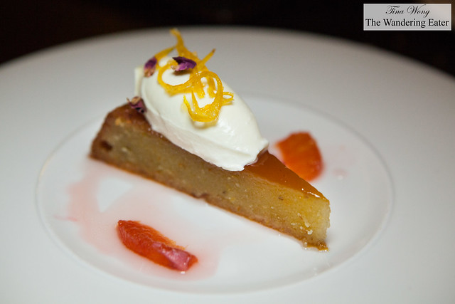 Flourless blood orange and almond cake, Jersey creme fraiche, rosewater and cardamom