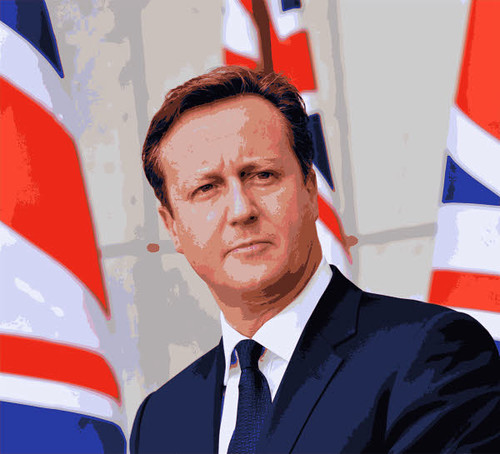 David Cameron with British Flags Behind Him