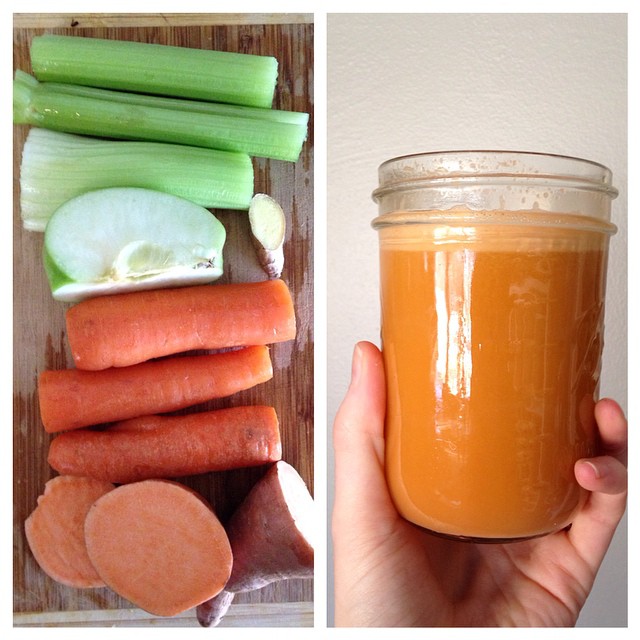 So, I think this juicing thing is sticking.  Migraine frequency and intensity are down, energy up, coffee intake down.  Today's juice: 1/2 green apple, celery, carrot, ginger, sweet potato, and a tiny bit of cardamom. D-lish!