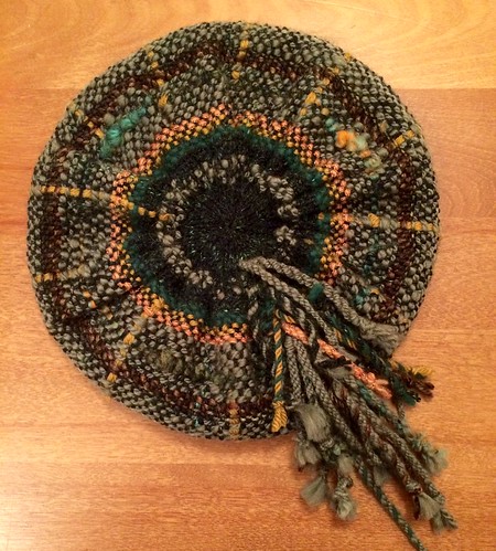 Woven SAORI hat with knitted brim and crown.