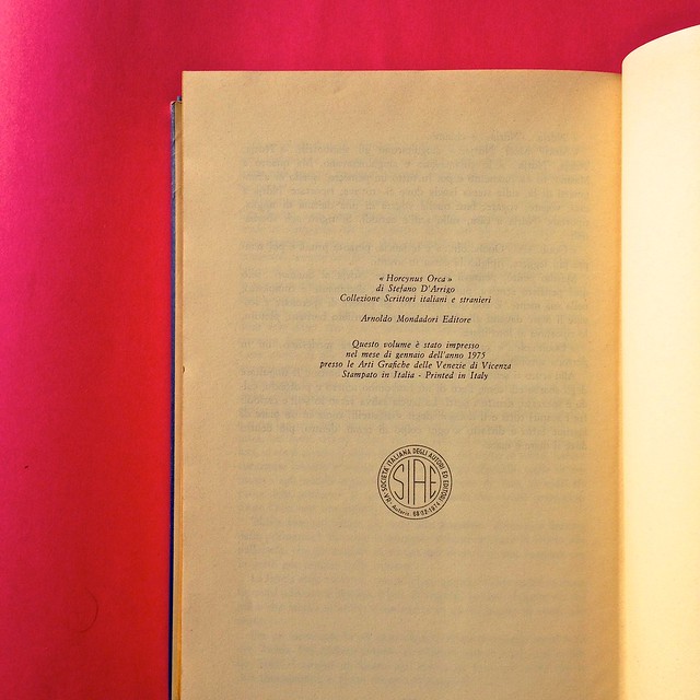 Stefano D'Arrigo, Horcynus Orca. Mondadori 1975. Resposabilità grafica non indicata. Pagina dello stampatore (part.), 1