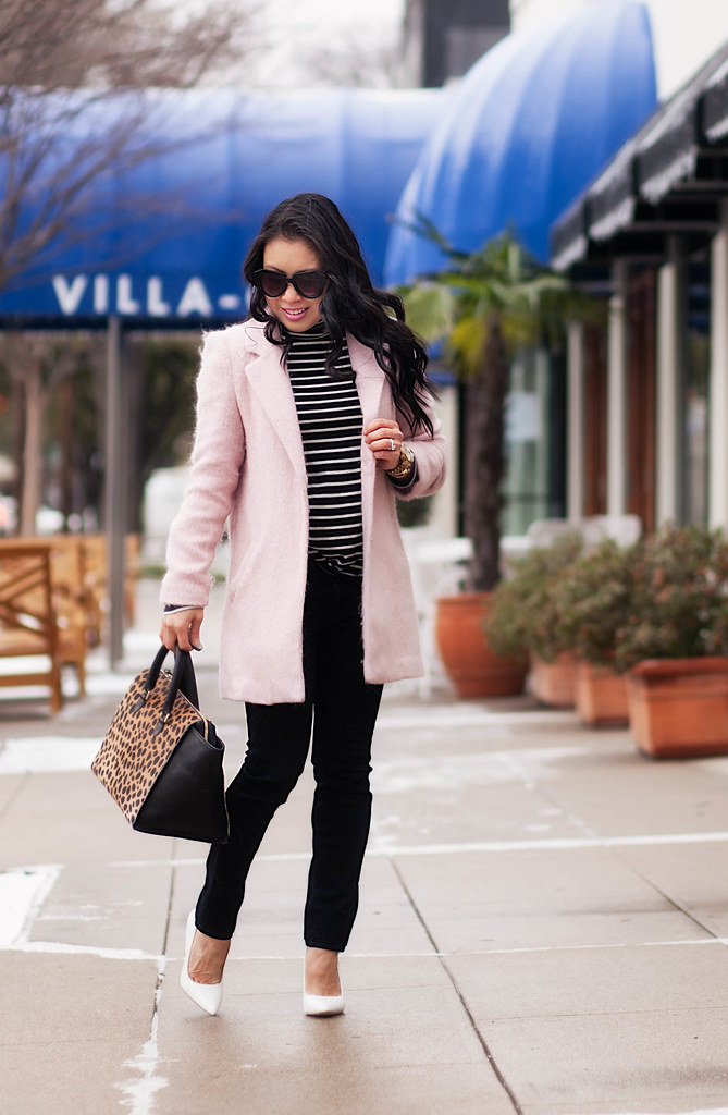 cute & little blog | petite fashion | pink wool coat, black white striped turtleneck, clare v leopard sandrine satchel, white pumps | winter outfit