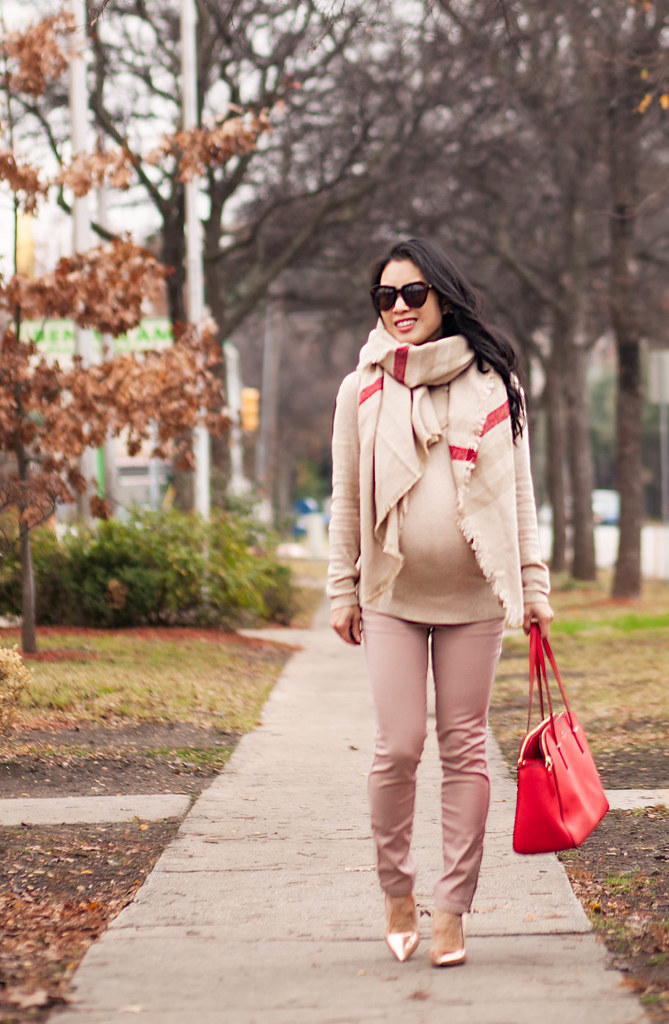 cute & little blog | petite fashion #maternity #bumpstyle #thirdtrimester | chicwish indians stripe scarf, beige turtleneck tunic, pink skinny pants, kate spade rose gold pumps, kate spade red bag | fall winter outfit