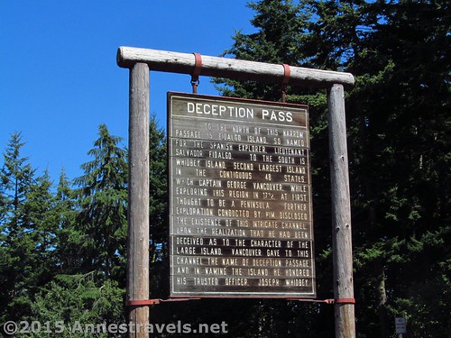 A sign about Deception Pass in the parking lot of Deception Pass State Park, Washington