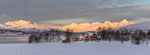 winter red house snow mountains cold norway sunrise farm tromsø troms kvaløya