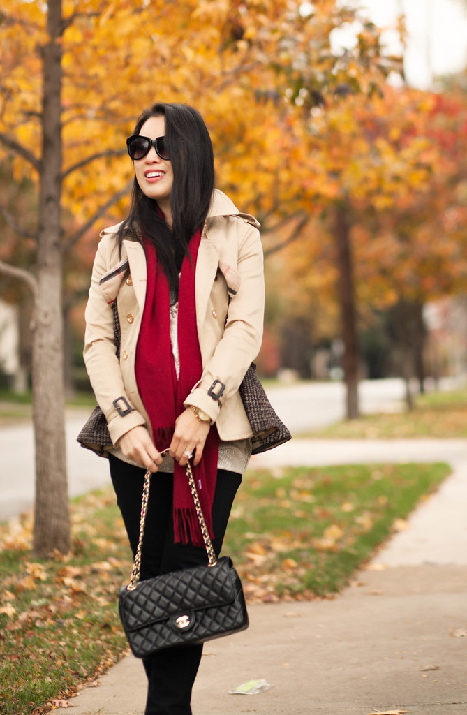 cute & little blog | choices peplum cropped trench, red scarf, black skinny jeans, louboutin black patent pumps, chanel flap | maternity bumpstyle third trimester 32 weeks | fall winter outfit