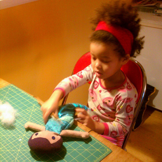She was so excited to stuff the mermaid doll for her cousin this morning it was hard to get her to eat breakfast. #sewingforkids #sewing #sewing #dollmaking #dolls