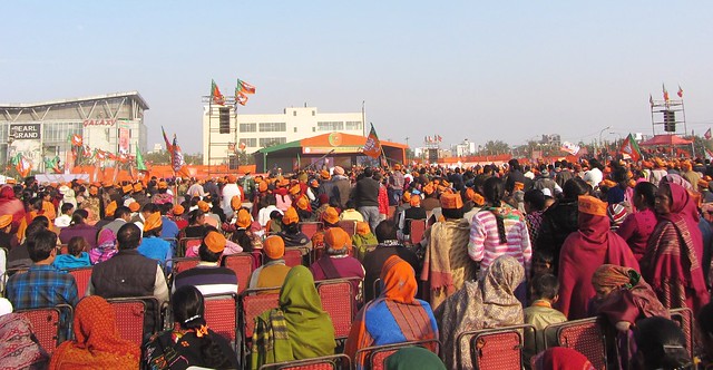 The milling crowd at CBD grounds Karkardooma for the BJP's rally at East Delhi addressed by Prime Minister Narendra Modi on Saturday.