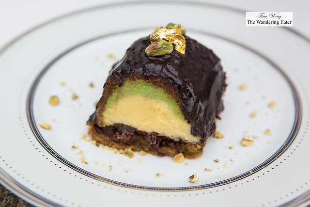 Pistachio, yuzu, chocolate feuilletine cake