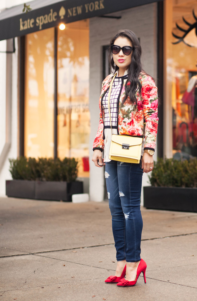 cute & little blog | petite fashion | floral jacket, windowpane grid crop top, ae distressed skinny jegging, red bow pumps, yellow crossbody bag | spring outfit