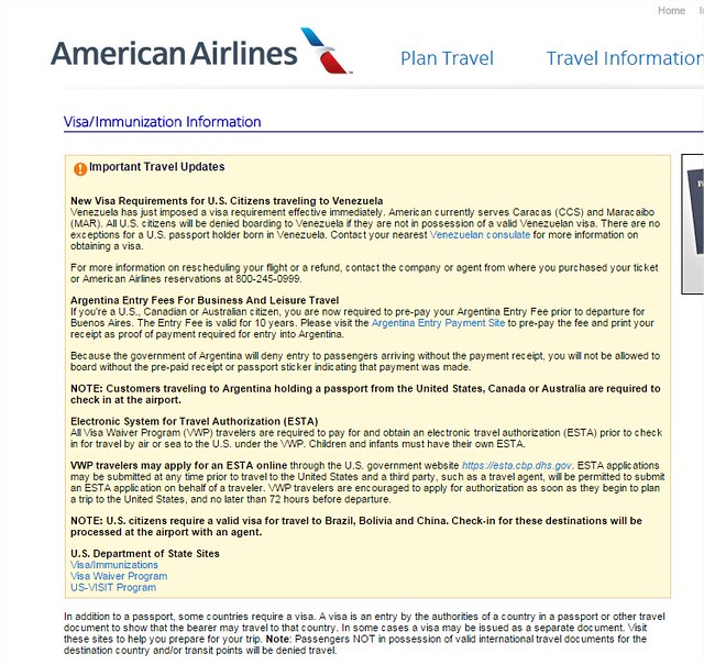 American Airlines Offers Visa And Immunization Information On AA.com - Google Chrome