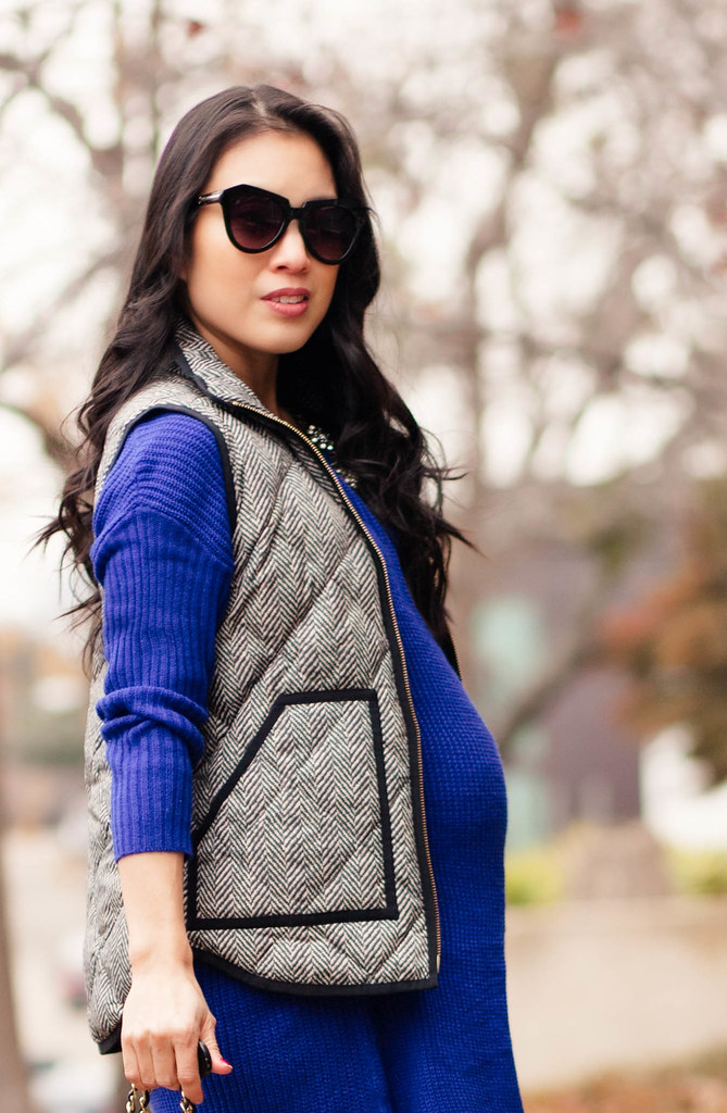cute & little blog | petite fashion blog | maternity | sheinside blue sweater dress, quilted herringbone vest, chanel flap purse, louboutin decollete pumps | fall outfit