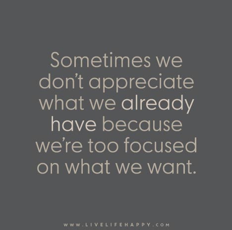 Sometimes we don't appreciate what we already have because we're too focused on what we want.