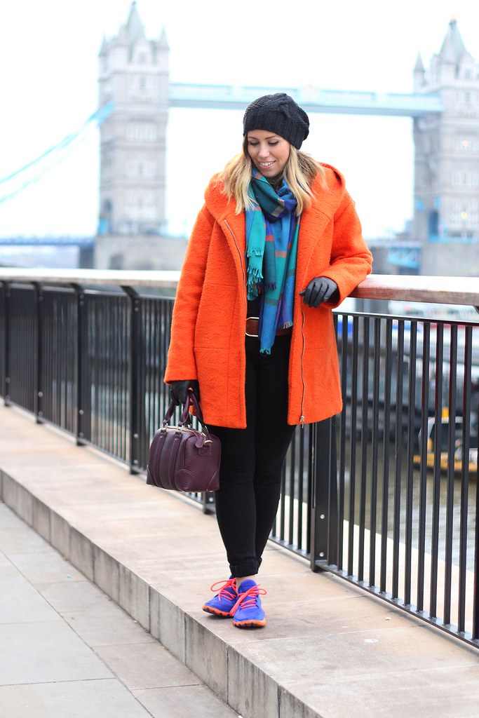 Neon Sneakers & Orange Coat at Tower Bridge | London | #LivingAfterMidnite