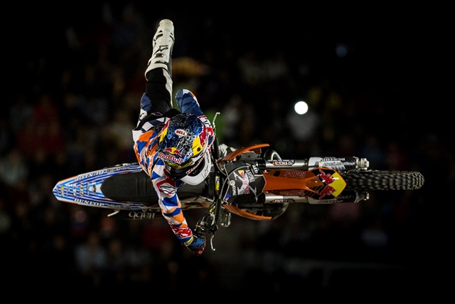 Levi Sherwood of New Zealand performs during the finals at the first stop of the Red Bull X-Fighters World Tour at the stadium Plaza Monumental de Toros in Mexico City, Mexico on March 6, 2015.