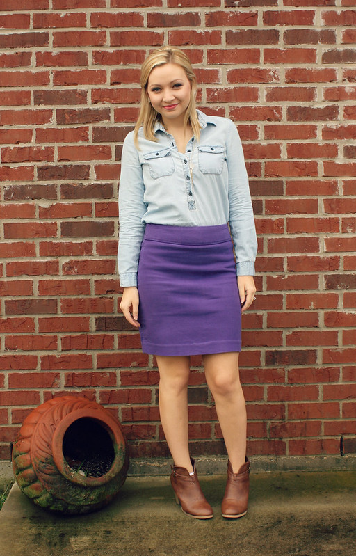 chambray and purple skirt