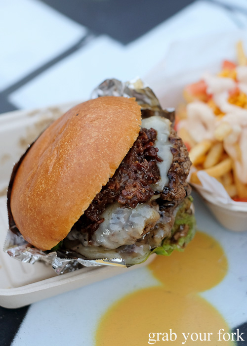 Double Fat Boy with bacon jam from the Mister Gee Burger Truck, Burwood Deluxe Car Wash