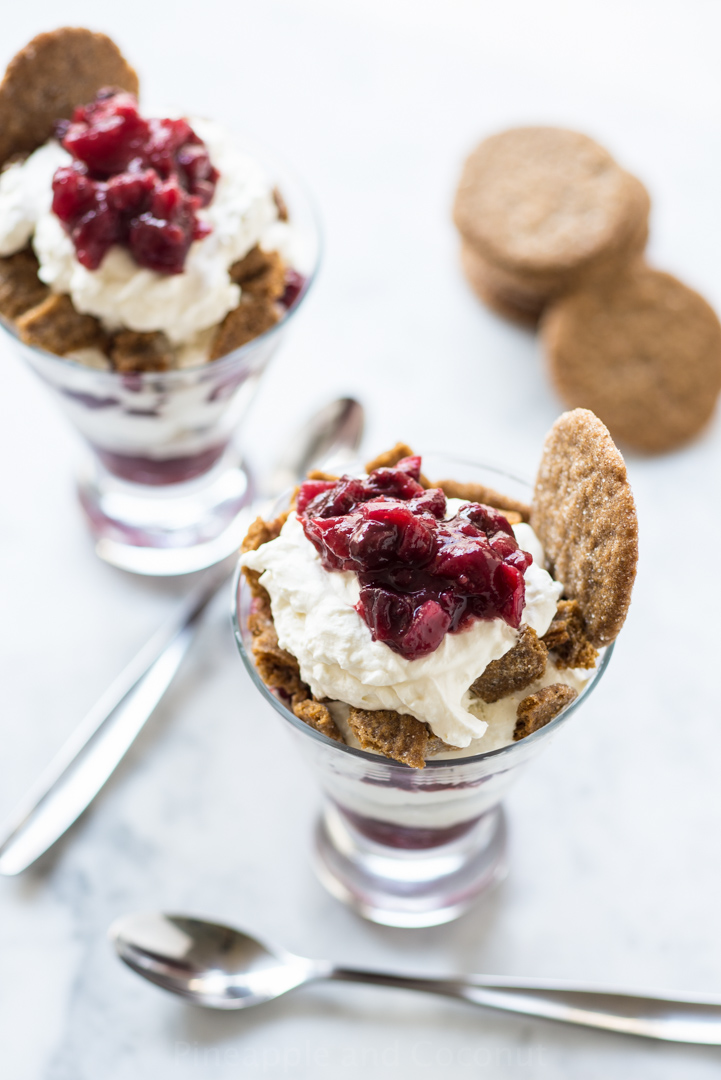 Vanilla Cranberry Ice Cream Sundaes with Crispy Gingersnap Cookies and Bourbon Whipped Cream www.PineappleandCoconut.com