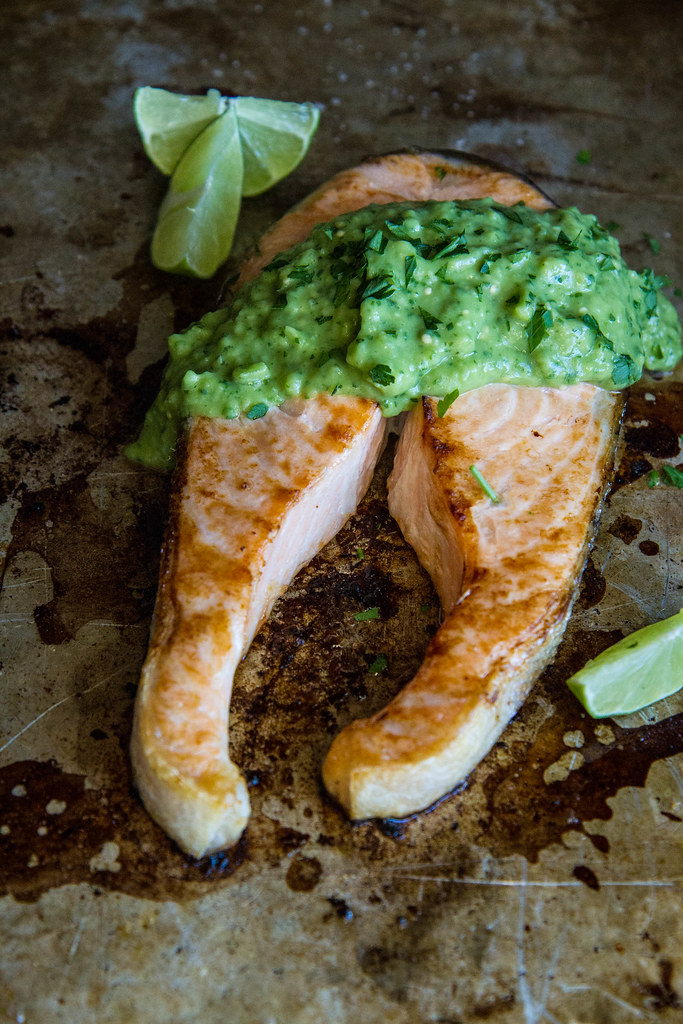 Broiled Salmon Steaks with Avocado Tomatillo Sauce