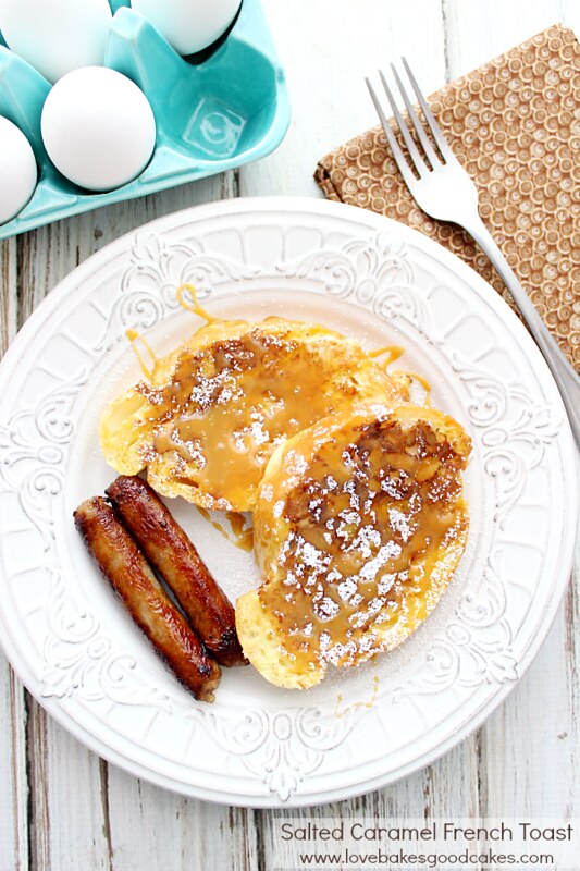 Salted Caramel French Toast on a plate with a fork.