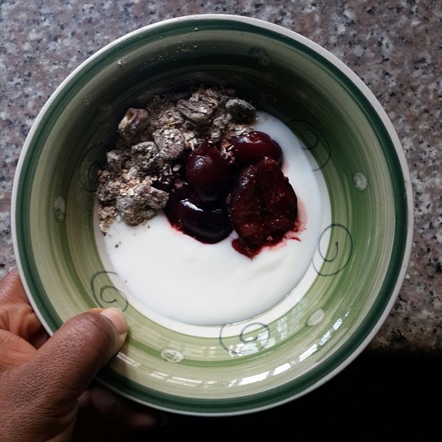 #Breakfast - Yogurt - Poached cherries and figs - Toasted oats, dried fruit, nuts & - cardamom  To poach the cherries and purple figs, purchased at L'Epicerie yesterday, I did the following  1. Made a sweet syrup with water,  barley malt syrup,  scent lea